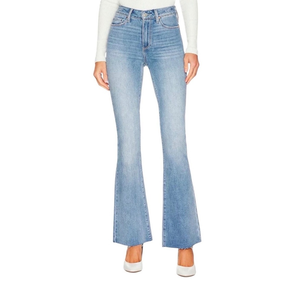 Paige High Rise Bell Canyon Jeans Women 27 Flare Raw Hem Blue Boho 70s Style